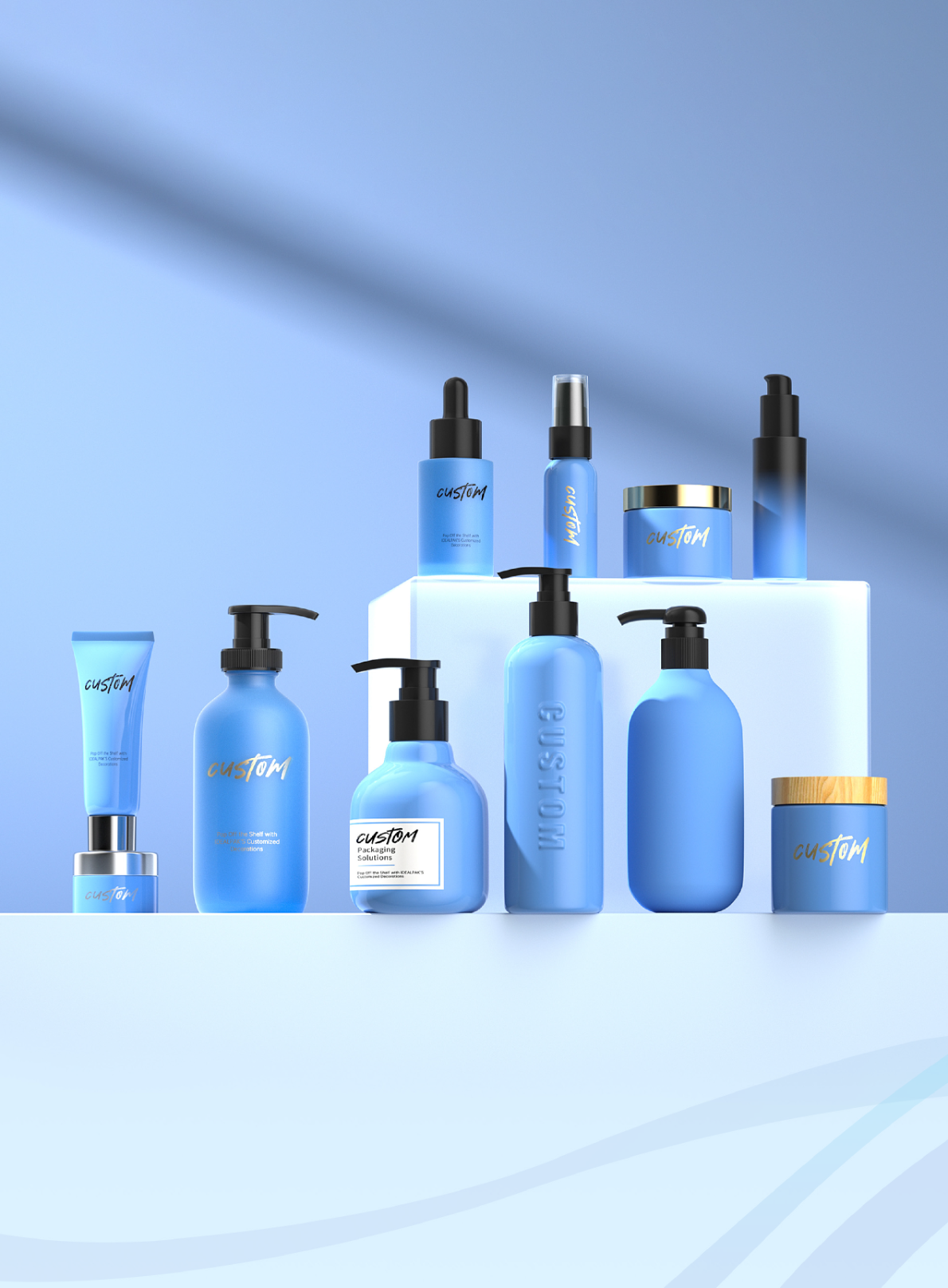 blue-matte-cosmetic-spray-bottles-and-tubes-for-makeuppumps and droppers